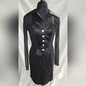 Elegant Black Tuxedo Covktail Dress with Sheer Sleeves
